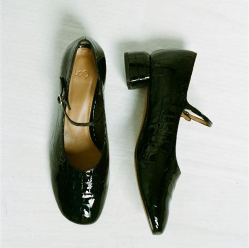 LoQ Ema Black Patent Leather Croc Heeled Mary Jane Shoes